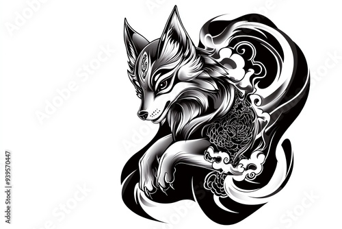 A tattoo design of the nine-tailed fox, with its flowing tails wrapping around the arm or back, incorporating elements of Japanese or Chinese calligraphy photo