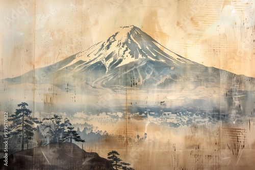 Antique Japanese poster landscape Illustration ai generated image