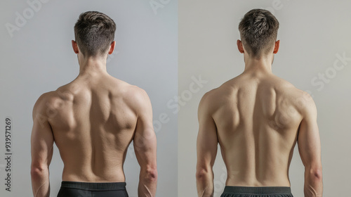 The remarkable difference in muscle definition of a person's back, photo from the back before after correction of posture, correction of scoliosis, hump and different shoulder heights, orthopedics photo