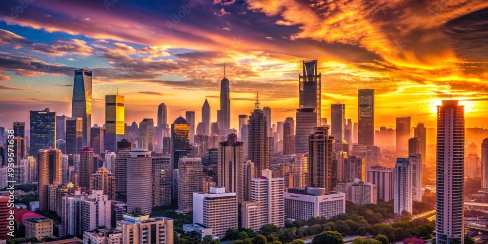 Fototapeta premium Cityscape Sunset Over Skyscrapers, Aerial View, Urban Skyline, Golden Hour, China