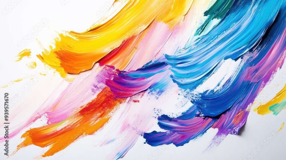 Vivid rainbow-colored brush strokes on a white canvas, showcasing abstract art in bold, flowing textures with dynamic movement Vivid rainbow-colored brush strokes on a white canvas, showcasing abstract art in bold, flowing textures with dynamic movement
