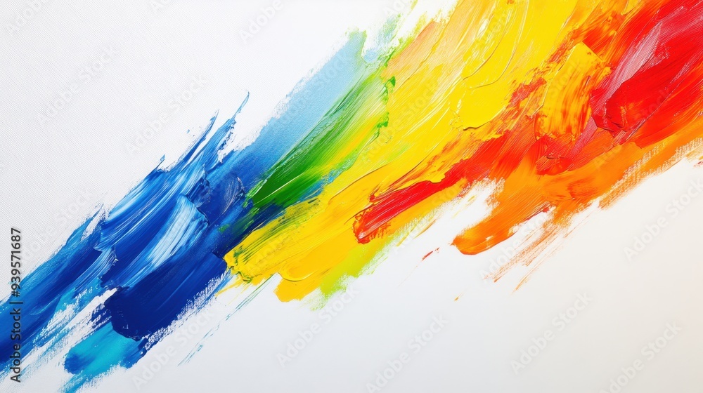 Vivid rainbow-colored brush strokes on a white canvas, showcasing abstract art in bold, flowing textures with dynamic movement Vivid rainbow-colored brush strokes on a white canvas, showcasing abstract art in bold, flowing textures with dynamic movement