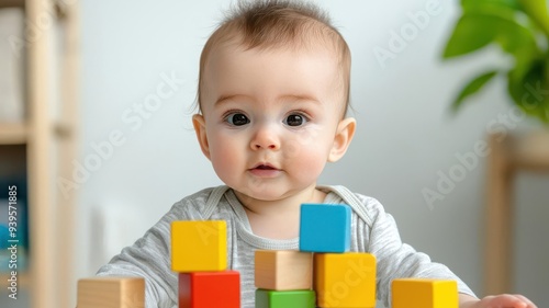 A curious baby playing with colorful building blocks, promoting cognitive development and creative play in a bright, cheerful space.