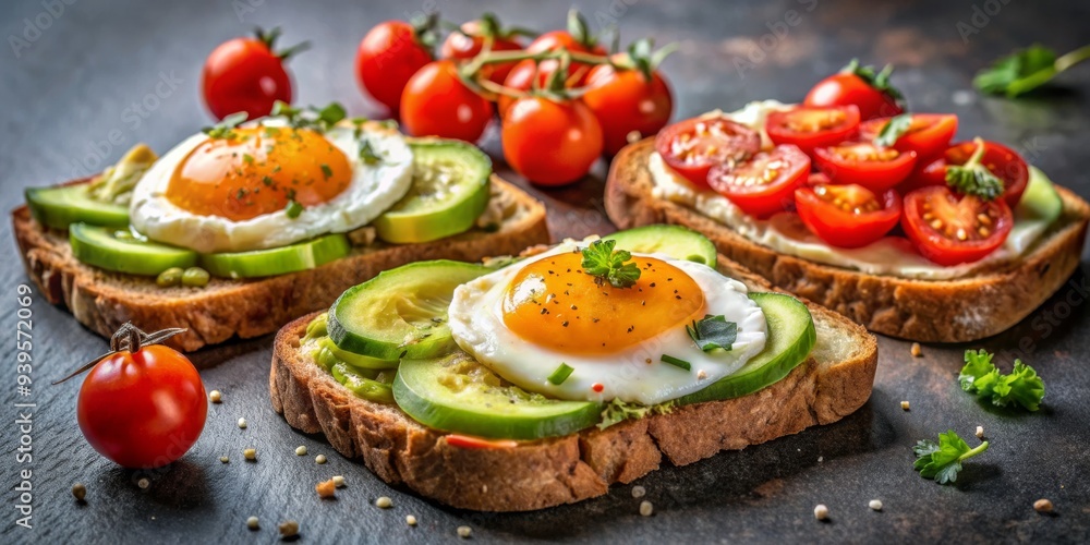 Close-up of Delicious Avocado, Cucumber, and Fried Egg Toast, Avocado Toast, Cucumber Toast, Breakfast Toast, Healthy Food Close-up of Delicious Avocado, Cucumber, and Fried Egg Toast, Avocado Toast, Cucumber Toast, Breakfast Toast, Healthy Food