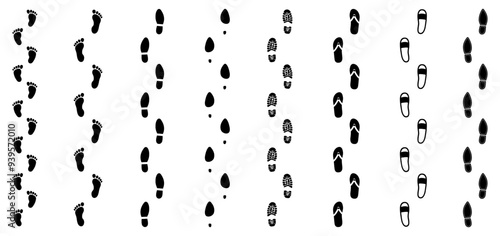 Human footprint lines set, different human shoe prints, footprints, barefoot sign