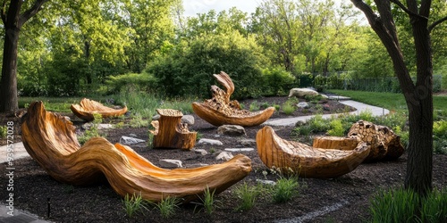 Carved wooden sculptures in a forest setting. photo