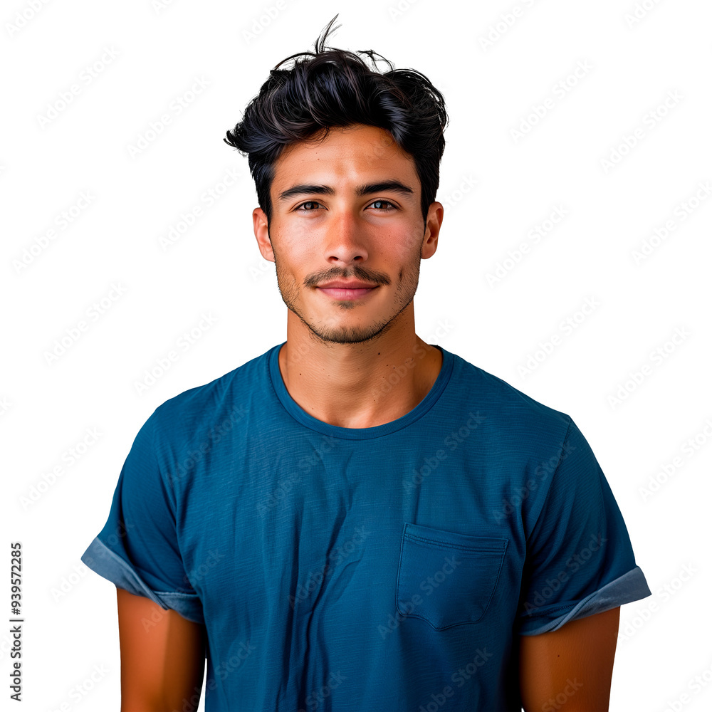 Fototapeta premium Male dancer isolated on white or transparent background. Close-up of Asian man in blue t-shirt looking at camera.