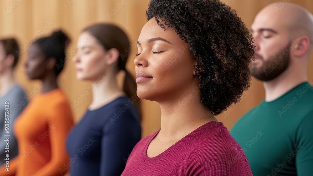 A diverse group of individuals practicing mindfulness and meditation in a calm, serene environment, focusing on inner peace. A diverse group of individuals practicing mindfulness and meditation in a calm, serene environment, focusing on inner peace.
