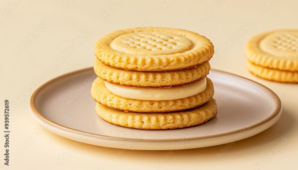A stack of four creamy filled sandwich cookies on a plate. A stack of four creamy filled sandwich cookies on a plate.