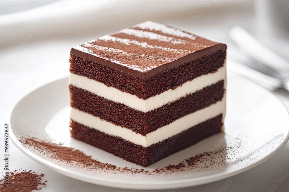 A single slice of chocolate cake with white frosting and cocoa powder dusting, sitting on a white plate. A single slice of chocolate cake with white frosting and cocoa powder dusting, sitting on a white plate.
