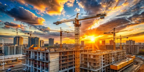 Wallpaper Mural Construction Site at Sunset, Golden Hour, Cranes, Cityscape, Urban Development, Construction, Skyline Torontodigital.ca