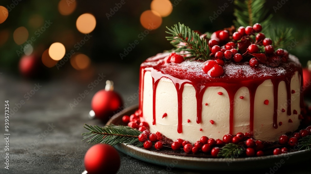 A beautiful Christmas cake with a white cake base, red glaze, and red berries, decorated with a sprig of pine and dusted with powdered sugar. The cake is set against a backdrop of blurred Christmas li A beautiful Christmas cake with a white cake base, red glaze, and red berries, decorated with a sprig of pine and dusted with powdered sugar. The cake is set against a backdrop of blurred Christmas li