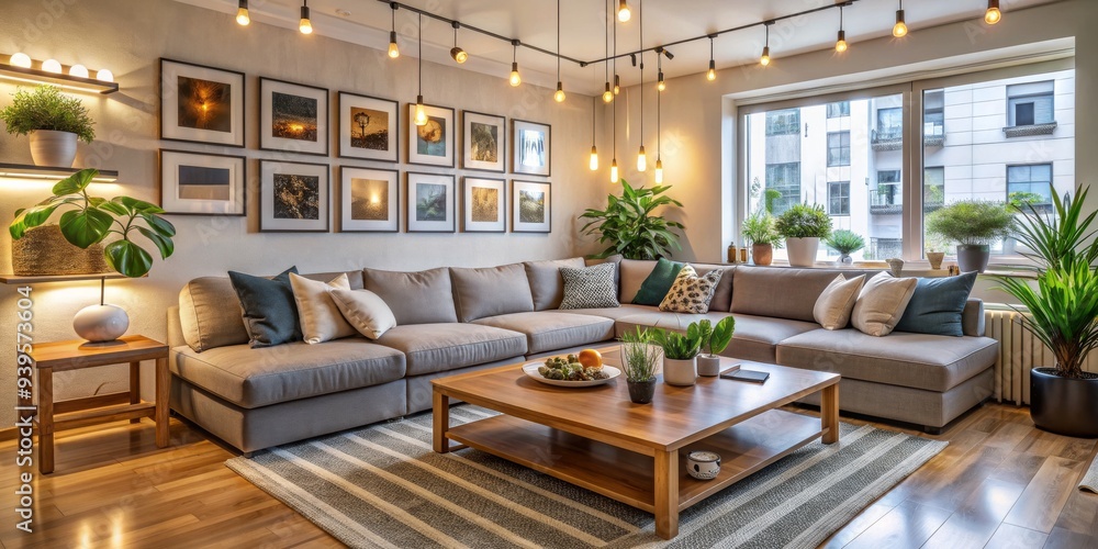 Naklejka premium Cosy Living Room with Grey Sectional Sofa, Wooden Coffee Table and Artwork, Interior Design, Home Decor, Living Space, Modern Design