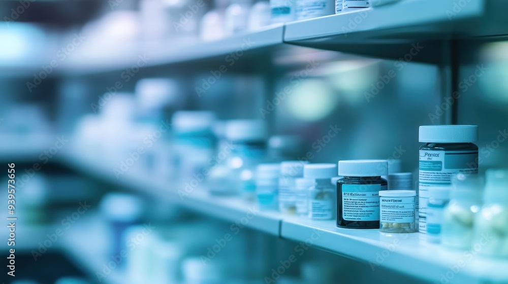 A shelf filled with various medication containers in a pharmacy setting. A shelf filled with various medication containers in a pharmacy setting.