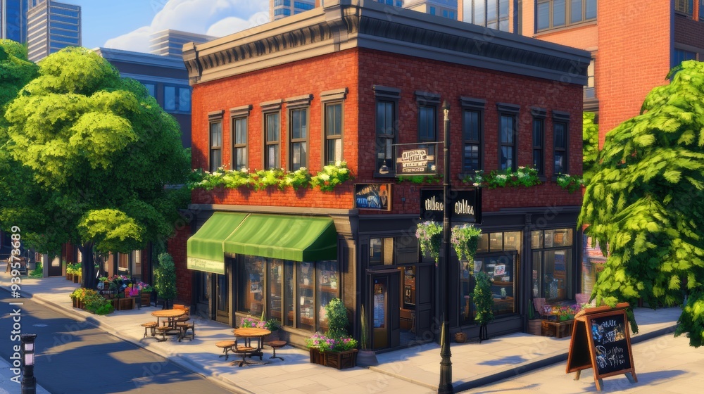 Fototapeta premium Cozy corner cafe with outdoor seating on a sunny day