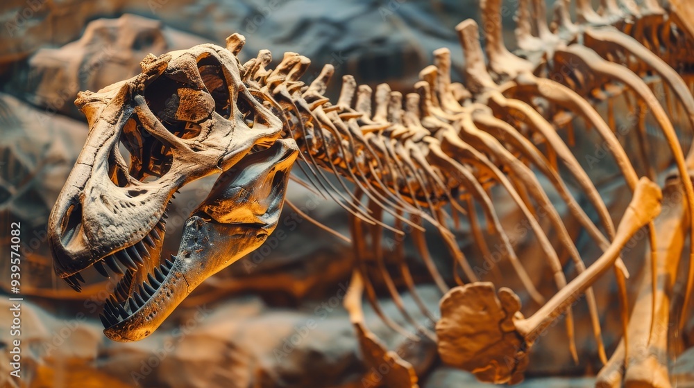 Naklejka premium Dinosaur tyrannosaur skeleton in museum horizontal composition background