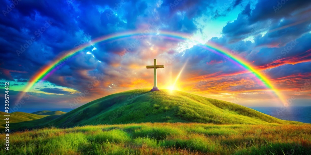 Obraz premium Cross on Hilltop with Rainbow, Digital Painting, Landscape, Cross, Heaven, Rainbow, Hilltop