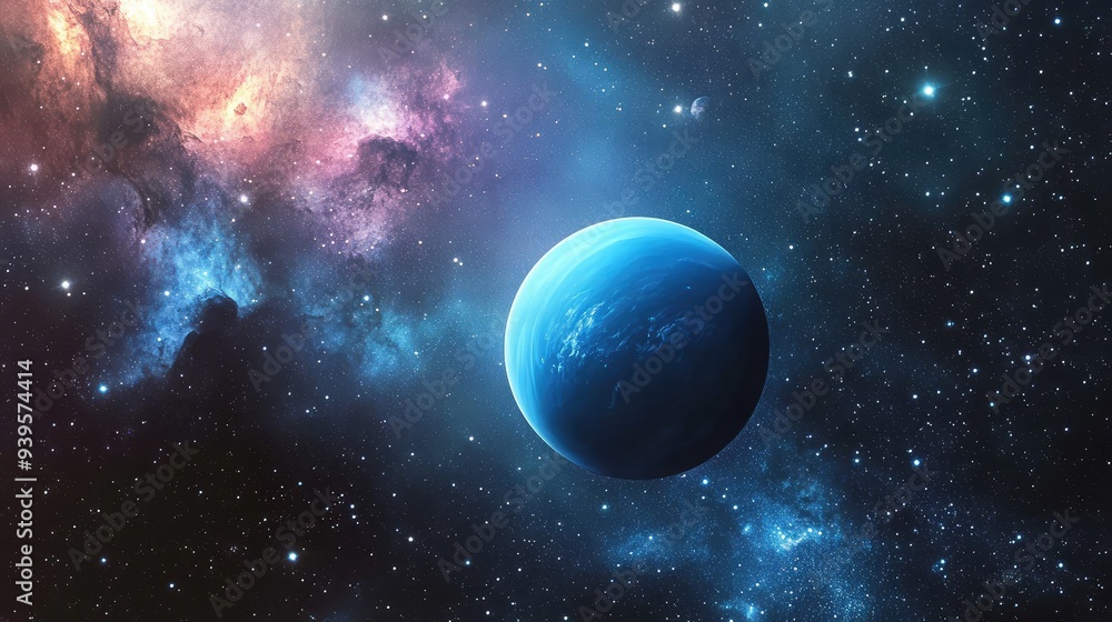 Neptune in the galaxy, with colorful nebulae and bright stars in the background, creating a stunning celestial landscape. Neptune in the galaxy, with colorful nebulae and bright stars in the background, creating a stunning celestial landscape.