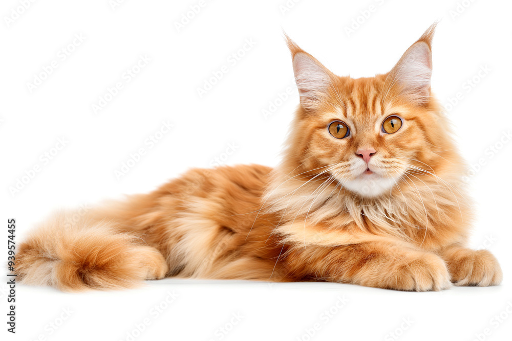 Fototapeta premium Fluffy red Maine Coon cat lies on a light background