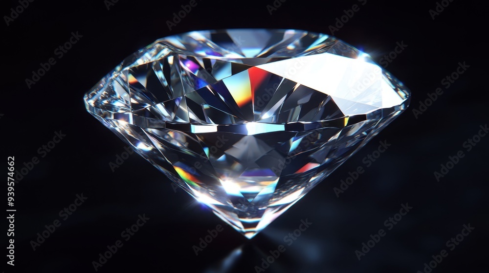 Sparkling classic-cut diamond reflecting various shades of light against a deep black background, exuding luxury and elegance. Sparkling classic-cut diamond reflecting various shades of light against a deep black background, exuding luxury and elegance.