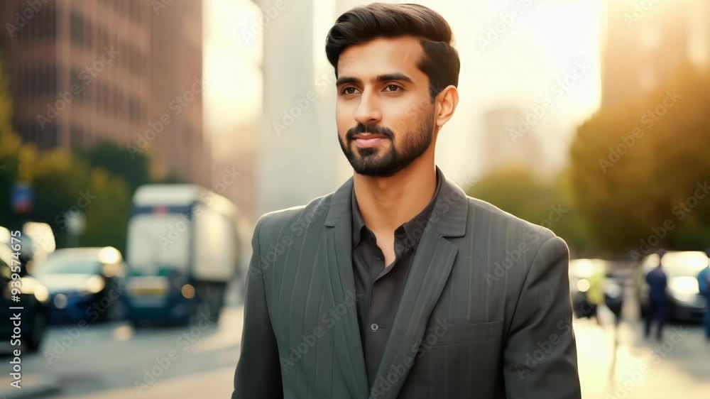 A young man dressed in a sleek suit walks with confidence through a vibrant city street at sunset, surrounded by busy traffic and modern buildings. A young man dressed in a sleek suit walks with confidence through a vibrant city street at sunset, surrounded by busy traffic and modern buildings.