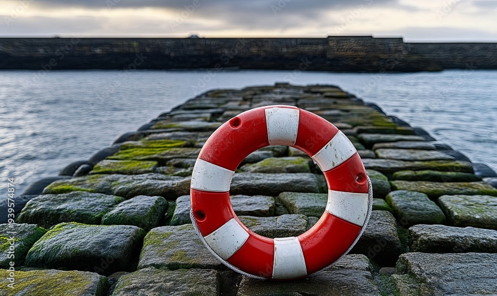 Naklejka premium A red and white life preserver sits on a stone jetty with a harbor wall in the background.