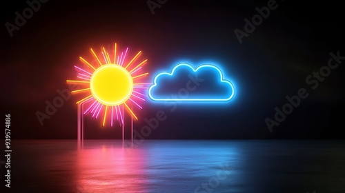 A captivating neon art piece showcasing a sun and a cloud, representing the balance of light and shadow, warmth and coolness, and optimism and calm.