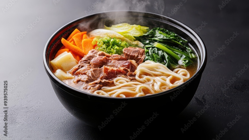 Delicious bowl of steaming ramen with tender meat and fresh vegetables, perfect for a comforting meal any time of the day. Delicious bowl of steaming ramen with tender meat and fresh vegetables, perfect for a comforting meal any time of the day.