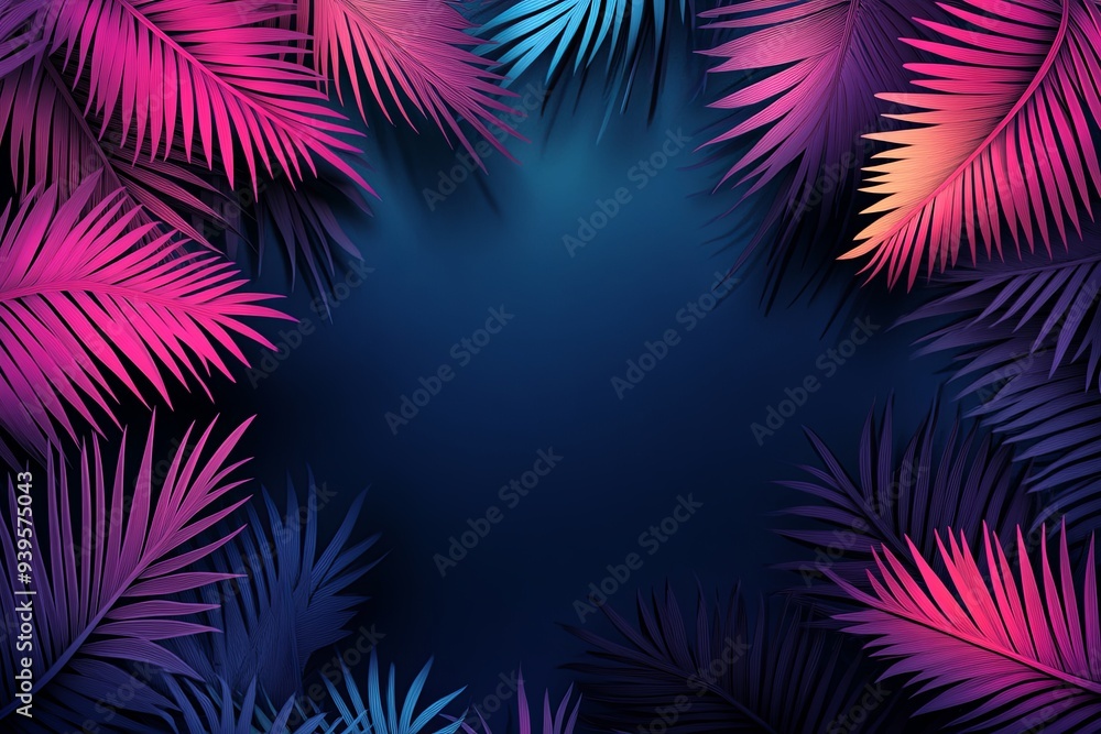 Neon palm leaves frame on dark blue background. Neon palm leaves frame on dark blue background.