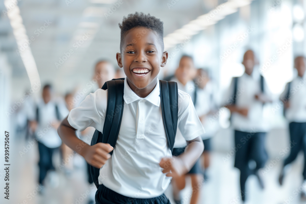A young boy is running in a school hallway with other children A young boy is running in a school hallway with other children