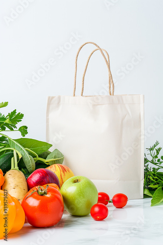 A white bag with a rope handle is filled with a variety of fruits and vegetables