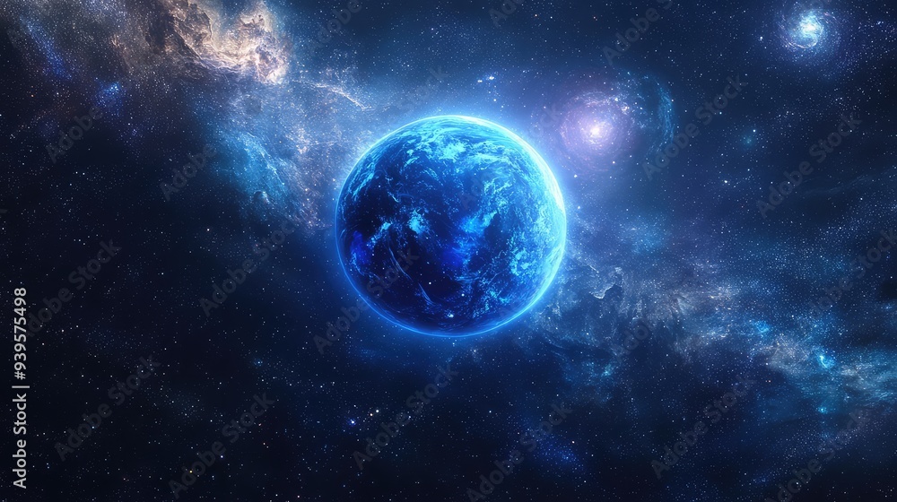 Neptune glowing amidst a star-filled galaxy, with swirling cosmic dust and distant galaxies in the background. Neptune glowing amidst a star-filled galaxy, with swirling cosmic dust and distant galaxies in the background.