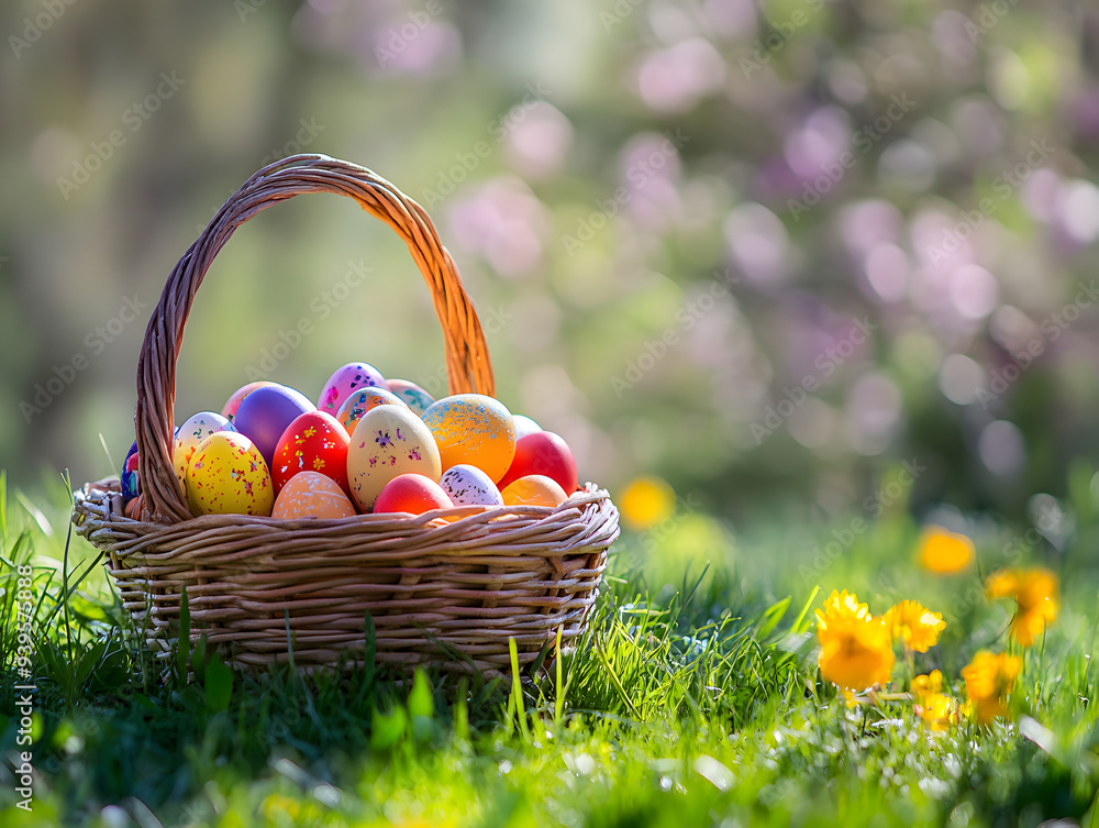 Vibrant Easter Basket with Painted Eggs in Spring Garden Celebration Vibrant Easter Basket with Painted Eggs in Spring Garden Celebration