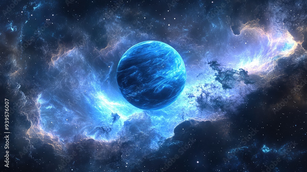 Obraz premium Neptune floating majestically in a star-filled galaxy, surrounded by swirling cosmic clouds and distant nebulae.