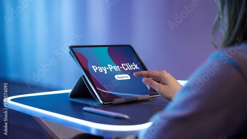 Illustration of a PPC (Pay-Per-Click) ad showing an online advertisement using a pay-per-click model on a tablet screen on a young woman's desk.