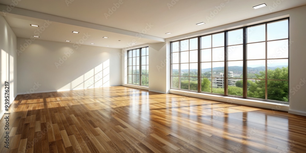 Fototapeta premium Empty Room with Large Windows and Wooden Floor, interior design , house , home , empty room
