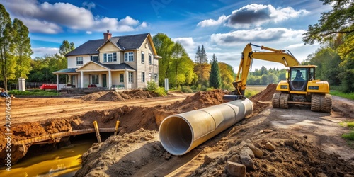 Excavator Moving Large Pipe Near House Under Sunny Sky, construction , engineering , excavator , pipe