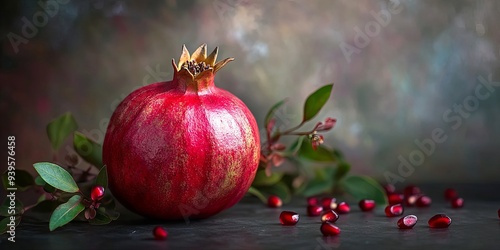 A single ripe pomegranate with green leaves and scattered seeds on a dark background. photo