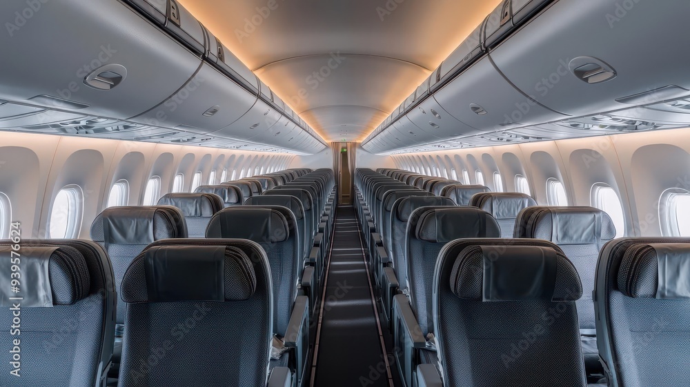 Interior view of an empty airplane cabin showcasing sleek design and comfortable seats. Interior view of an empty airplane cabin showcasing sleek design and comfortable seats.