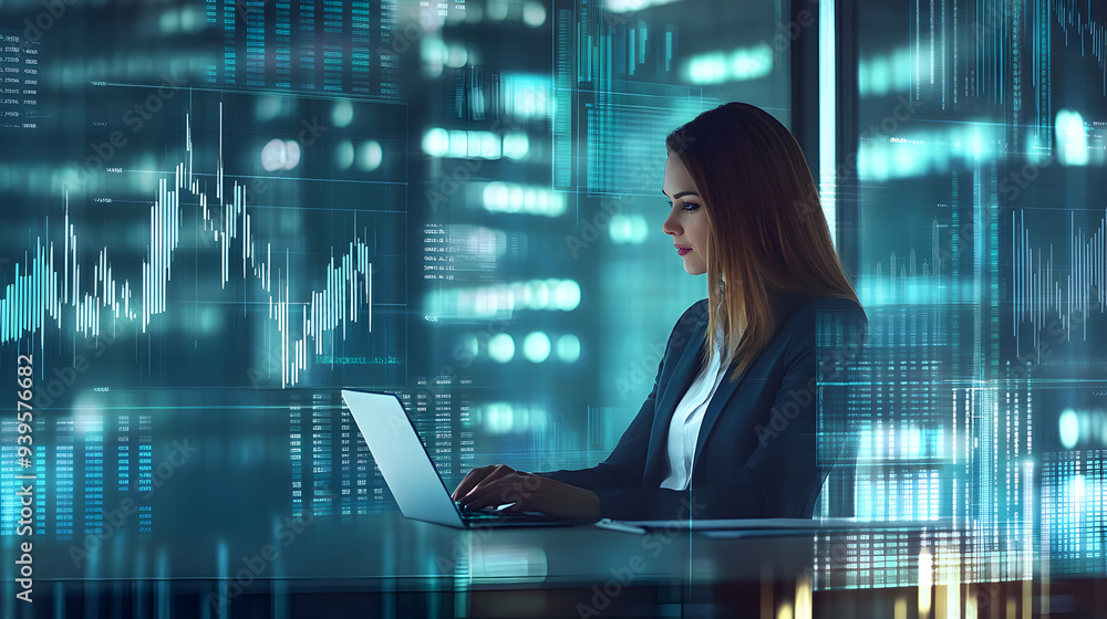 Successful Businesswoman Analyzing Financial Data in Modern Office Setting for Strategic Planning Successful Businesswoman Analyzing Financial Data in Modern Office Setting for Strategic Planning