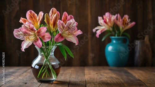 Wallpaper Mural stock photography alstroemeria flower in a beautiful vase with a background of wooden table Torontodigital.ca