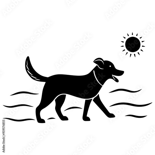 A Dog playing fetch on a sunny beach silhouette vector illustration