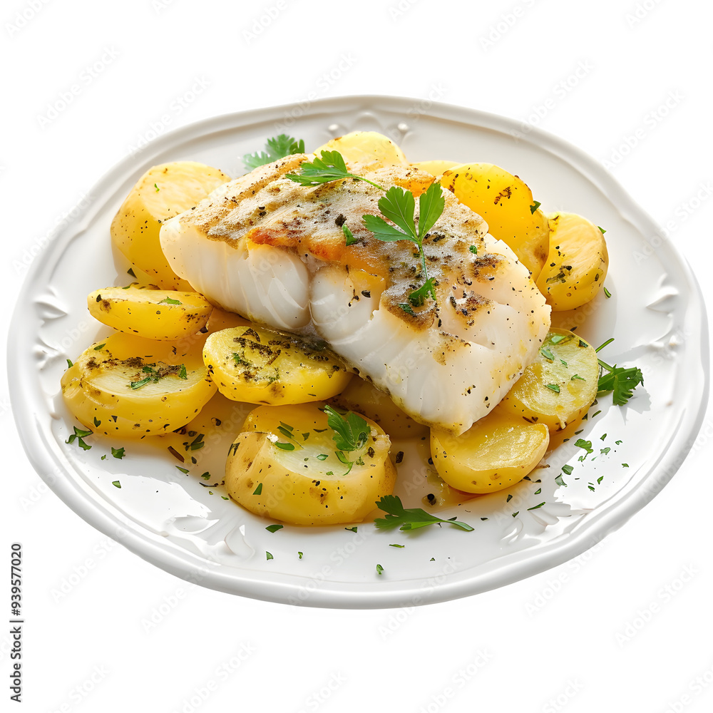 Tasty classic croatian meal showcasing expertly grilled fish paired with seasoned potatoes, topped with fresh herbs on a clean white dish Tasty classic croatian meal showcasing expertly grilled fish paired with seasoned potatoes, topped with fresh herbs on a clean white dish