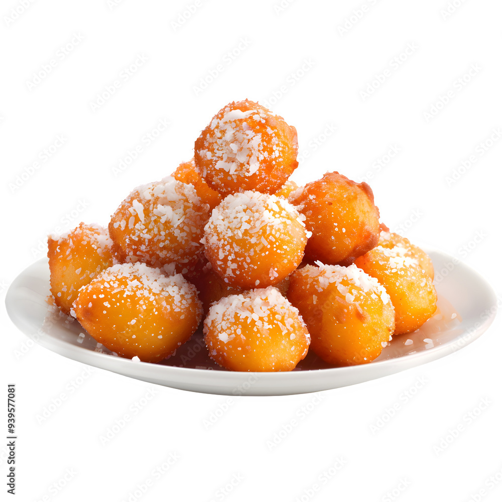Platter of classic croatian fritule pastries sprinkled with icing sugar, highlighting a well-loved and tasty treat from croatian cooking Platter of classic croatian fritule pastries sprinkled with icing sugar, highlighting a well-loved and tasty treat from croatian cooking