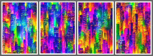 Set of posters with futuristic colorful neon night city in cyberpunk or retrowave pixel art style. Retro 8-bit cityscape background for cover, flyer, magazine or banner. Vector illustration in 8-bit