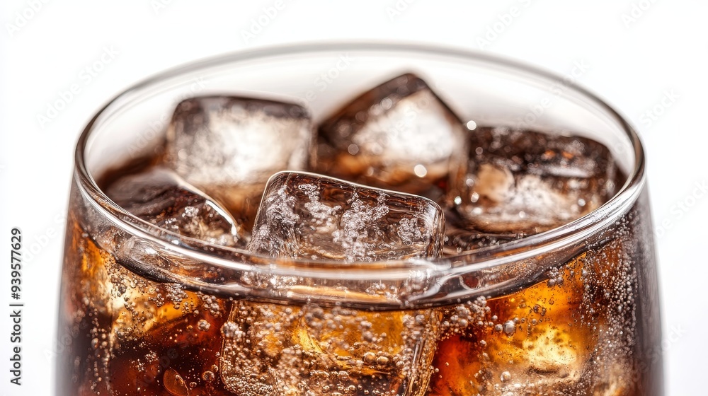 A close-up shot of a glass of cola with ice cubes. The cola is a dark brown color and the ice cubes are clear and sparkling. The image symbolizes refreshment, cool drink, summer, party and celebration A close-up shot of a glass of cola with ice cubes. The cola is a dark brown color and the ice cubes are clear and sparkling. The image symbolizes refreshment, cool drink, summer, party and celebration