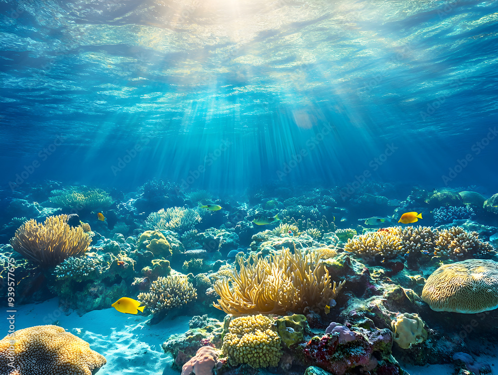Fototapeta premium Tropical Paradise: Vibrant Underwater Coral Reefs with Tropical Fish in Crystal-Clear Blue Waters