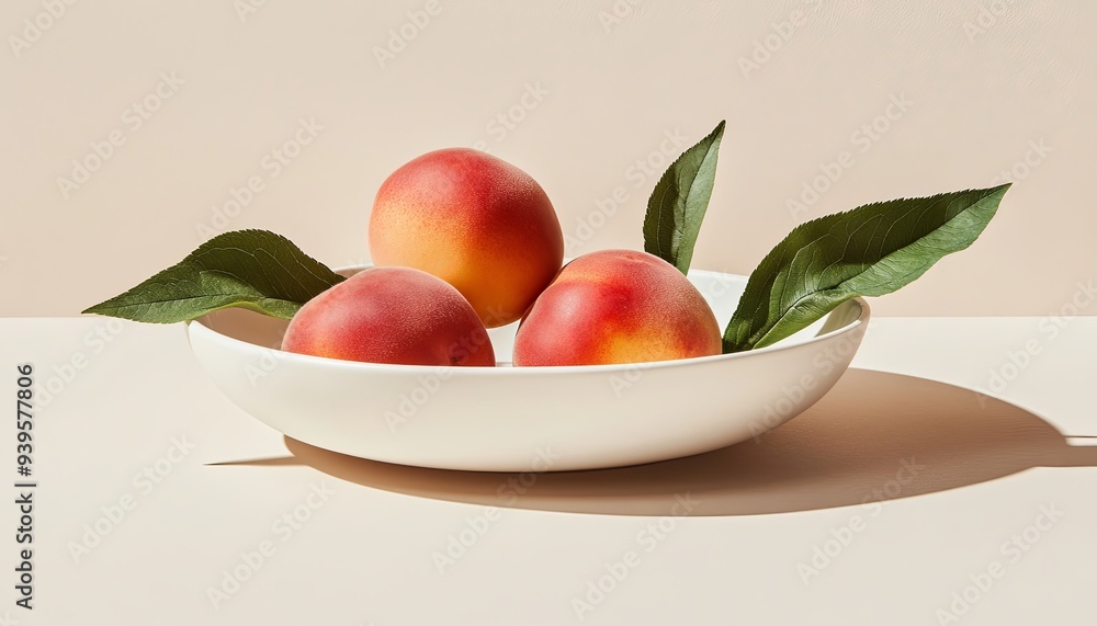 Three ripe peaches with leaves in a white bowl on a beige background. Three ripe peaches with leaves in a white bowl on a beige background.