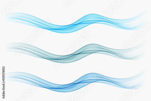 Set of blue smoky waves. Abstract blue transparent wavy lines.