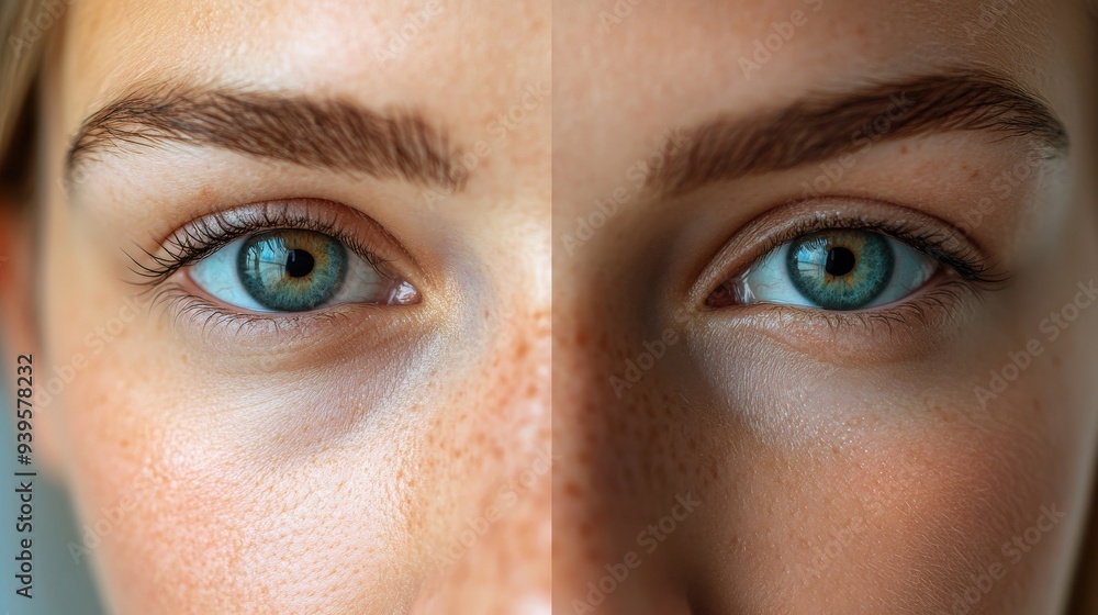 Fototapeta premium A close-up view showcases the distinct differences in a person's appearance, highlighting changes around the eyes and skin texture in natural lighting
